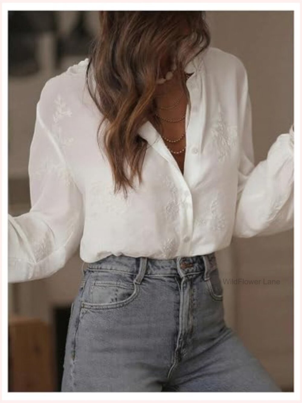 Boho Peasant Top Floral Embroidered Sheer Bishop Long Sleeve Blouse Button Up - Picture 4 of 5